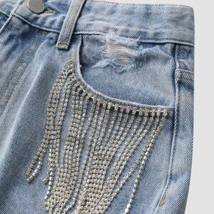 CIDER DIAMOND TASSELS RIPPED DENIM SHORTS